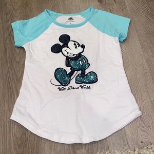 Disney Parks White And Blue Sequined Mickey Mouse Cap Sleeve Tee